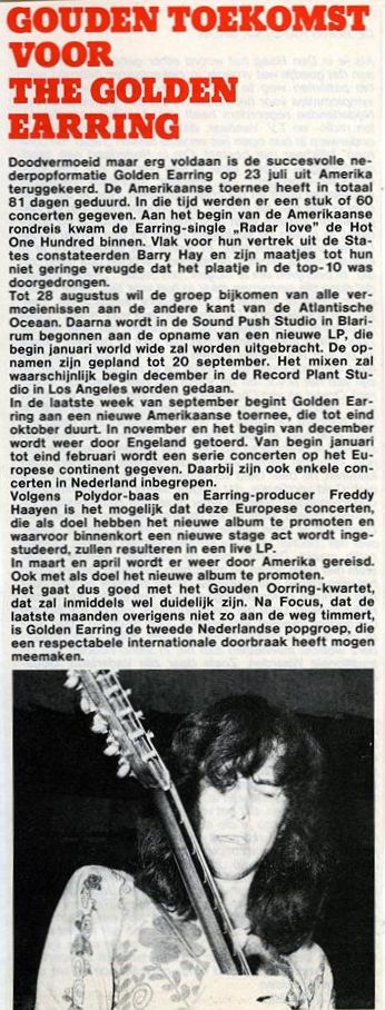 Magazine article Gouden toekomst voor The Golden Earring after returning from their third USA Tour in July 1974
